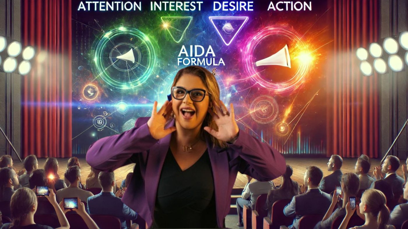 Palestrante no palco, em close-up, demonstrando a Fórmula AIDA com gestos expressivos, fundo colorido e iluminação cinematográfica.