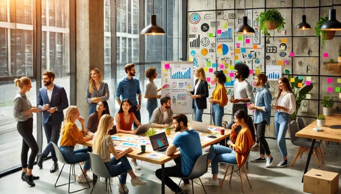 Imagem de um ambiente de escritório moderno e vibrante, destacando a colaboração no trabalho. Um grupo diverso de colegas, de diferentes gêneros e etnias, está reunido ao redor de uma mesa, trocando ideias com laptops, cadernos e notas adesivas coloridas. Ao fundo, algumas pessoas interagem diante de um quadro branco repleto de diagramas e gráficos. O ambiente é iluminado por luz natural que entra por grandes janelas, decorado com plantas e transmitindo uma atmosfera acolhedora e criativa.