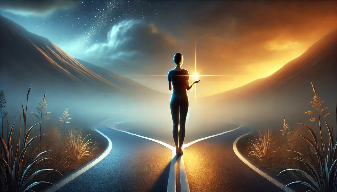 : Uma pessoa realista e bonita, vista de costas em close-up, parada no meio de uma estrada bifurcada. Ela segura um pequeno feixe de luz nas mãos, simbolizando intenção e orientação. O cenário tem um tom contemplativo, com um jogo de luz e sombra representando a escolha entre agir no piloto automático ou com consciência.