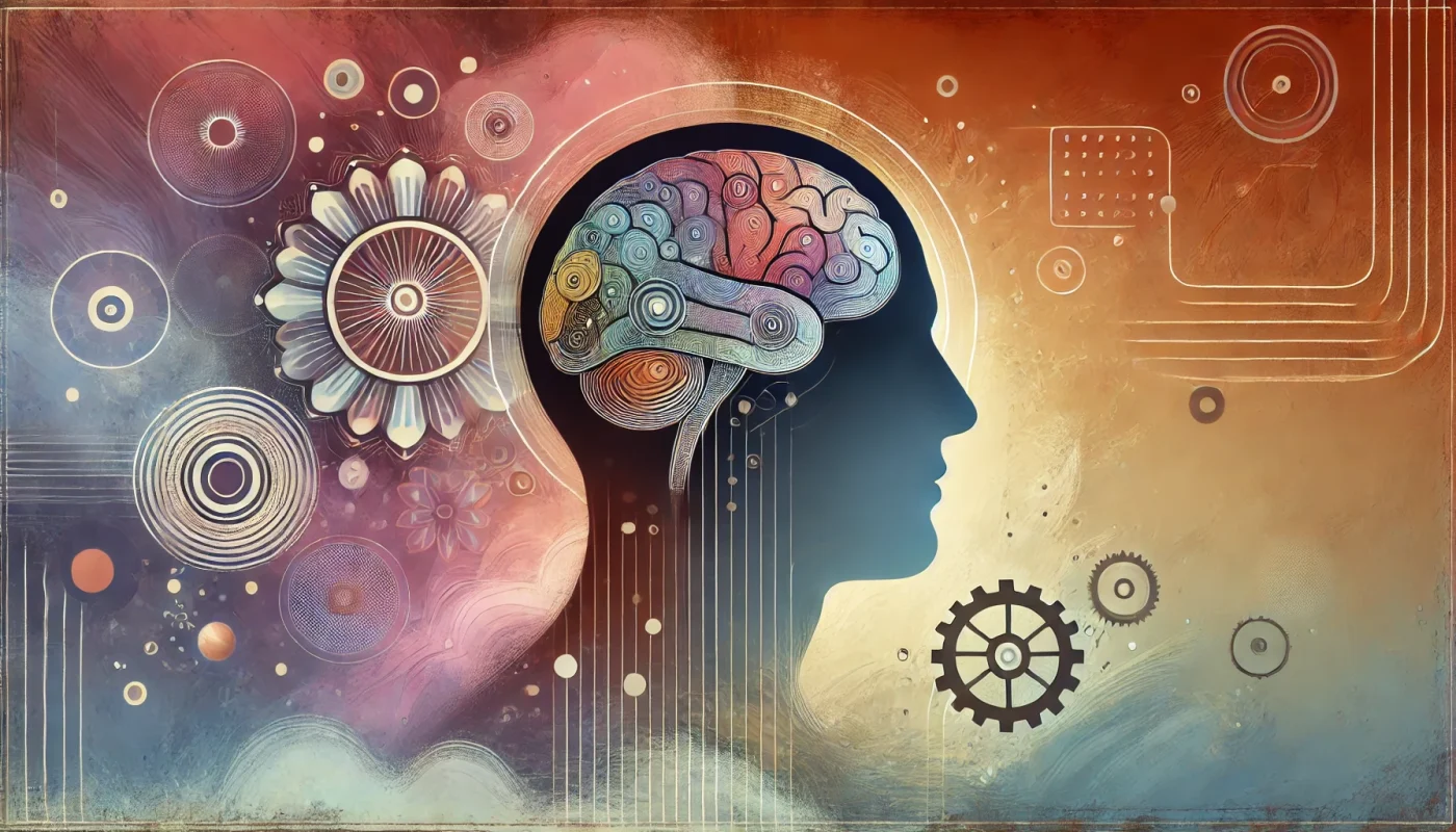 Ilustração do subconsciente afetando as decisões humanas, com cérebro destacado e formas abstratas representando emoções e pensamentos.