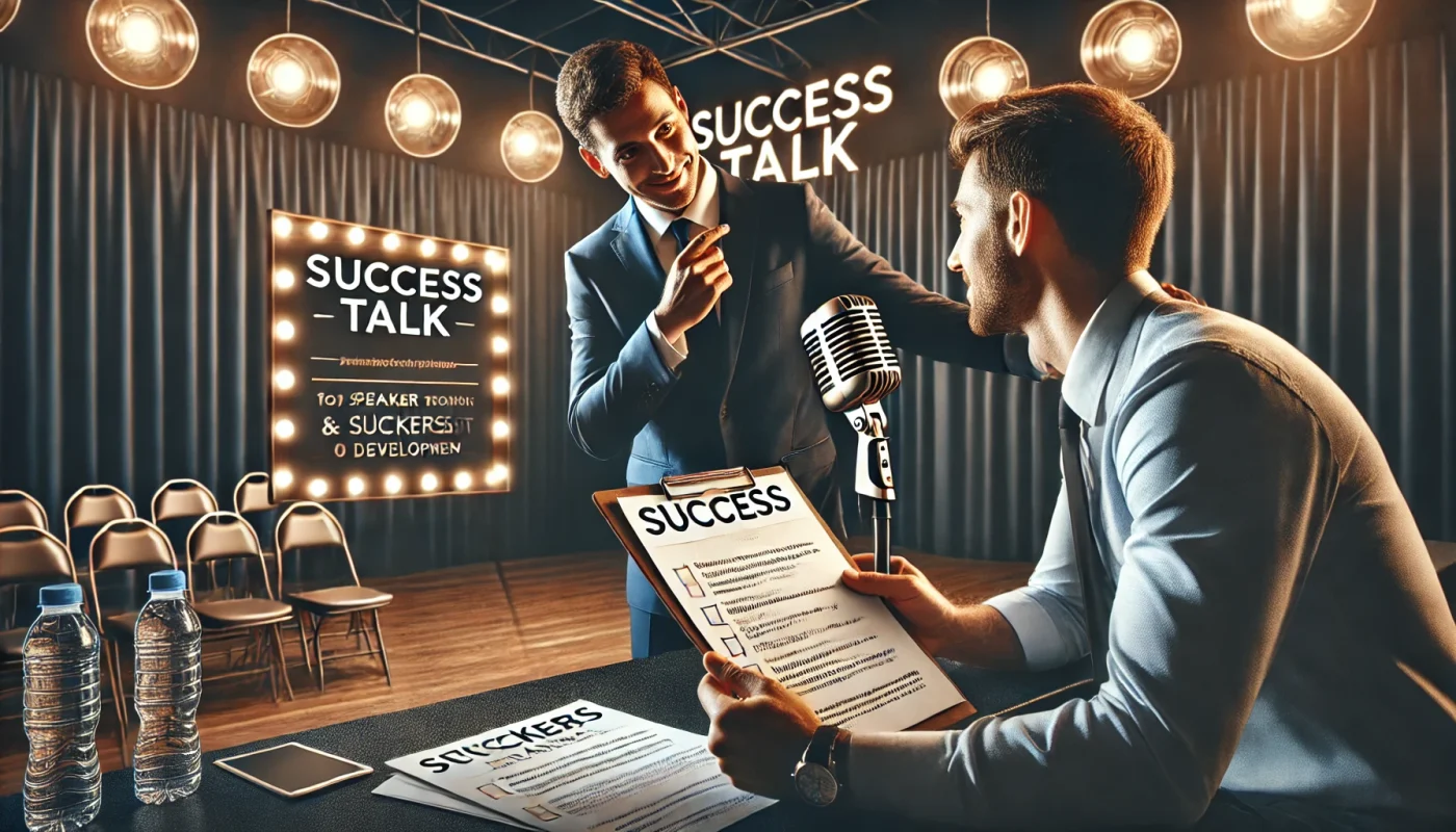 Um palestrante confiante recebe orientações de um coach nos bastidores de um auditório. Eles revisam anotações e demonstram concentração e preparo. Ao fundo, é possível ver equipamentos de palco e elementos motivacionais escritos em um quadro.