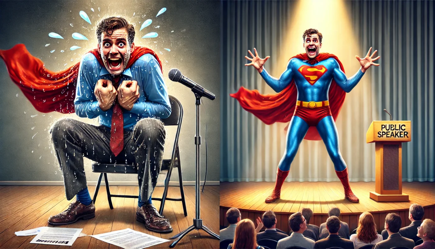 Cena exagerada e cômica de um palestrante extremamente nervoso no palco: suando, agarrado ao microfone, olhos arregalados e pronto para fugir. Papéis voam das mãos e a plateia assiste entre confusa e divertida. Do outro lado do palco, uma versão superconfiante da mesma pessoa posa como um super-herói sob um holofote, com sorriso largo e braços erguidos.