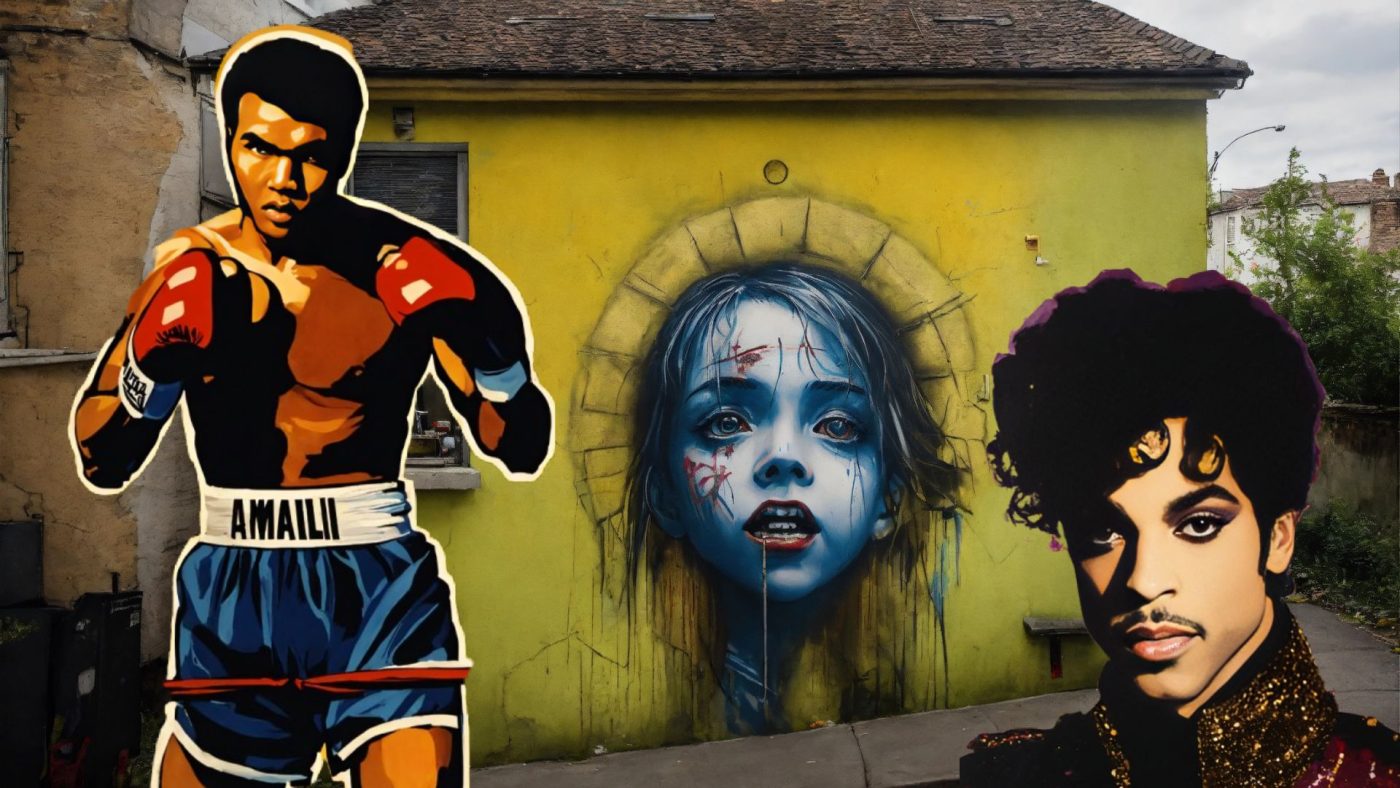 Uma composição visual surreal que mistura arte de rua, esporte e música. À esquerda, um retrato estilizado de um boxeador icônico em pose de luta, ao centro, um mural pintado em um prédio com o rosto expressivo de uma jovem em tons de azul, e à direita, um retrato vibrante de um músico famoso com roupas exuberantes.