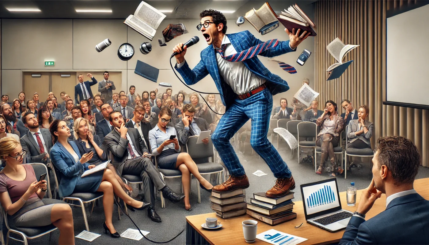 Um palestrante bem vestido, com expressão exagerada, tentando manter a atenção da plateia enquanto equilibra livros, um laptop e uma xícara de café. O público, composto por profissionais, exibe reações diversas: alguns estão rindo, outros parecem entediados ou distraídos com seus celulares. O ambiente é uma sala de conferência com um projetor ao fundo.