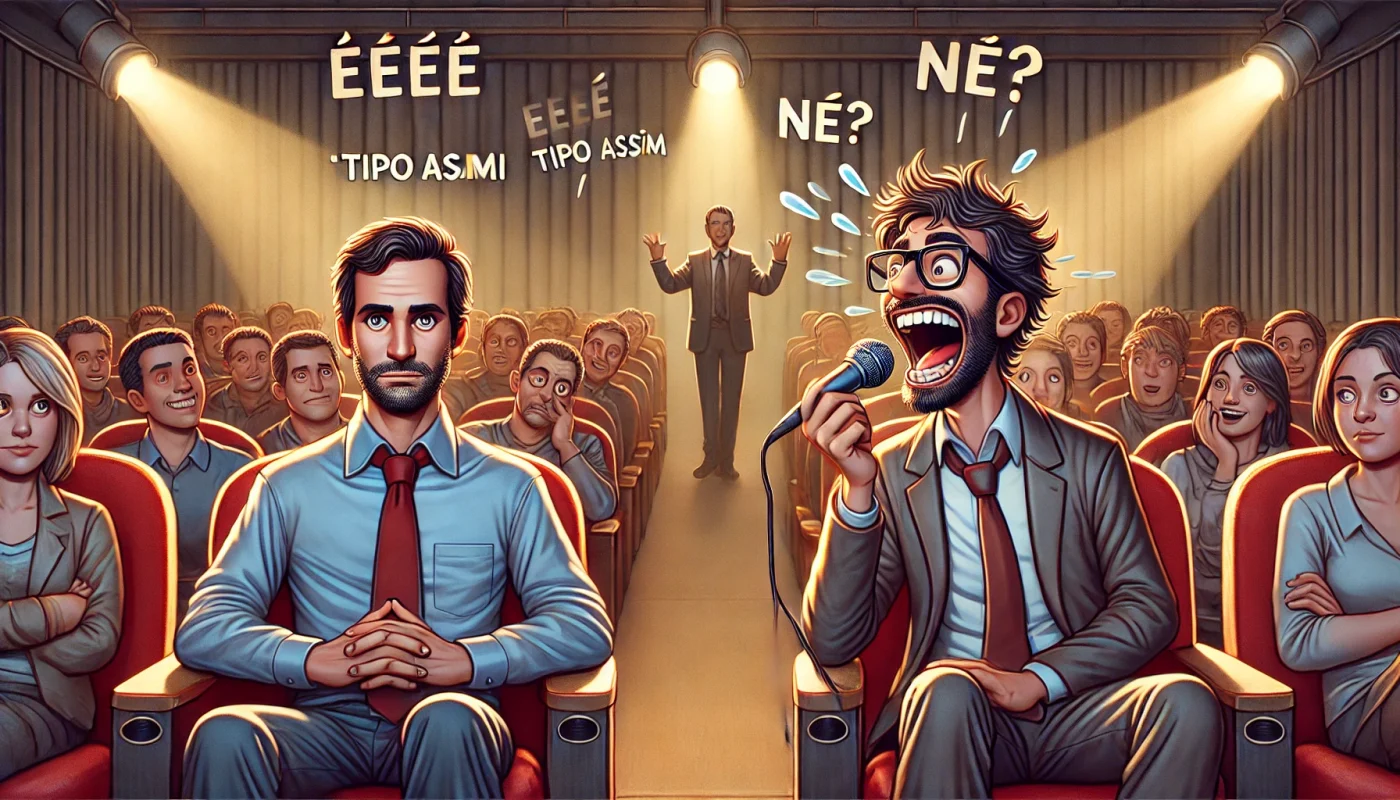 Comparação entre palestrante com vícios de linguagem e palestrante confiante, em um palco de auditório.