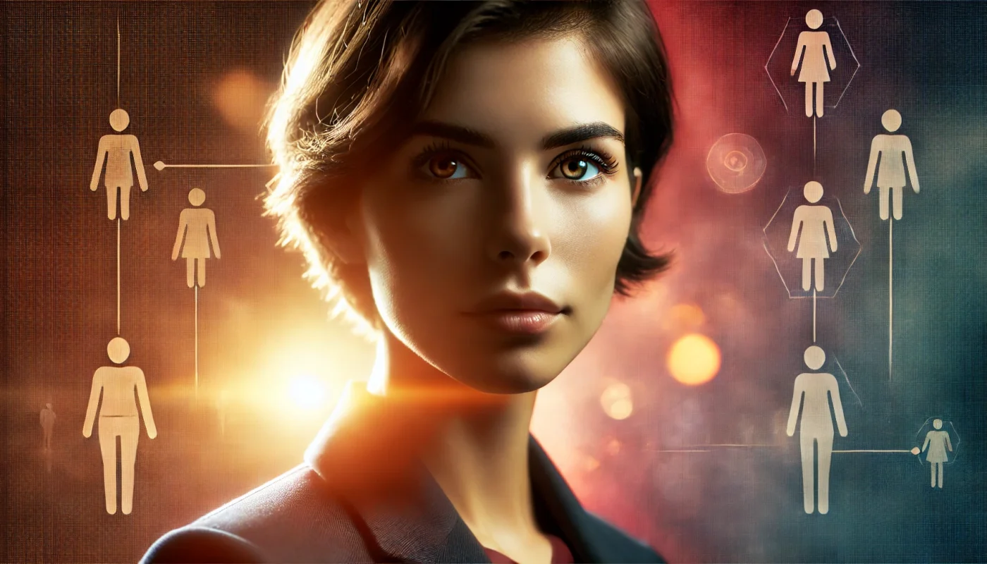 Mulher confiante em close cinematográfico, simbolizando autoconhecimento e liderança, com fundo vibrante e iluminação impactante.