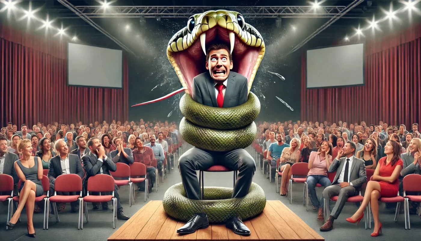 Um palestrante nervoso está no palco, com uma expressão de desespero, enquanto uma cobra gigante se enrola ao redor de seu pescoço, simbolizando seu medo de interagir com a plateia. O público, composto por pessoas com expressões confusas e divertidas, observa a cena. No fundo, um palco bem iluminado com o texto "PEROSSI É O MELHOR" destacado. A imagem é exagerada, cômica e hiper-realista.