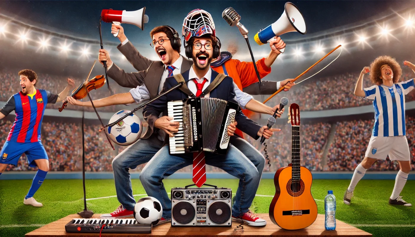 Imagem exagerada e engraçada de um palestrante no palco imitando várias profissões ao mesmo tempo. Ele segura um microfone como comediante, usa um capacete de técnico de futebol, tem um violão como cantor e um fone de ouvido de streamer. A plateia reage de formas variadas, entre risadas, surpresa e confusão."