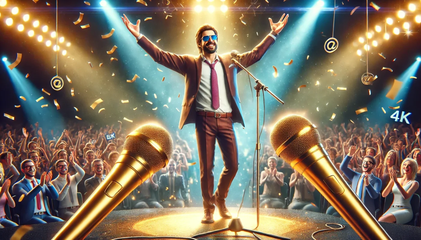 Close-up de um palestrante carismático em um palco iluminado, com os braços erguidos triunfantemente, diante de uma plateia vibrante e confetes no ar.