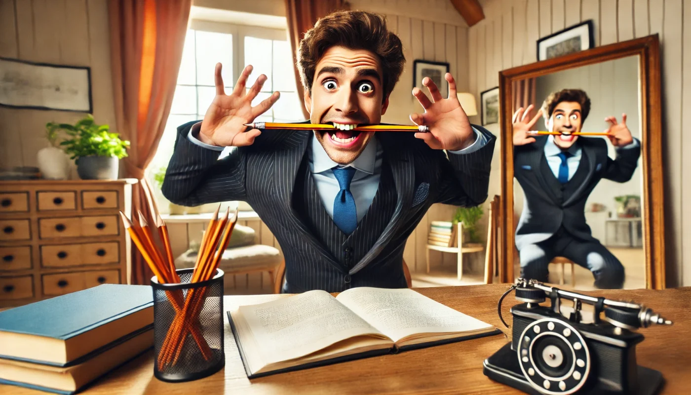 Pessoa praticando dicção com lápis entre os dentes, em frente ao espelho, com expressão engraçada.