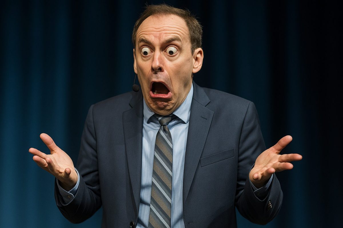 Palestrante surpreso no palco, com olhos arregalados e expressão engraçada de susto durante uma apresentação.