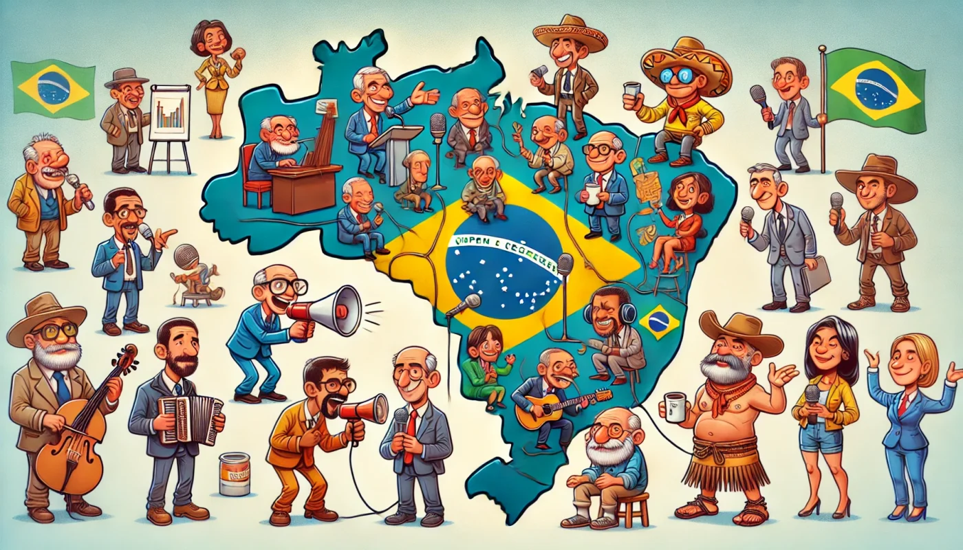 Ilustração cômica e colorida de um mapa do Brasil com personagens caricatos representando diferentes estilos de palestrantes, posicionados nas regiões do país. Cada figura tem trajes, expressões e poses exageradas que sugerem características únicas, como um executivo sério, um surfista descontraído, um contador de causos acolhedor, e outros — tudo sem textos ou nomes no mapa.
