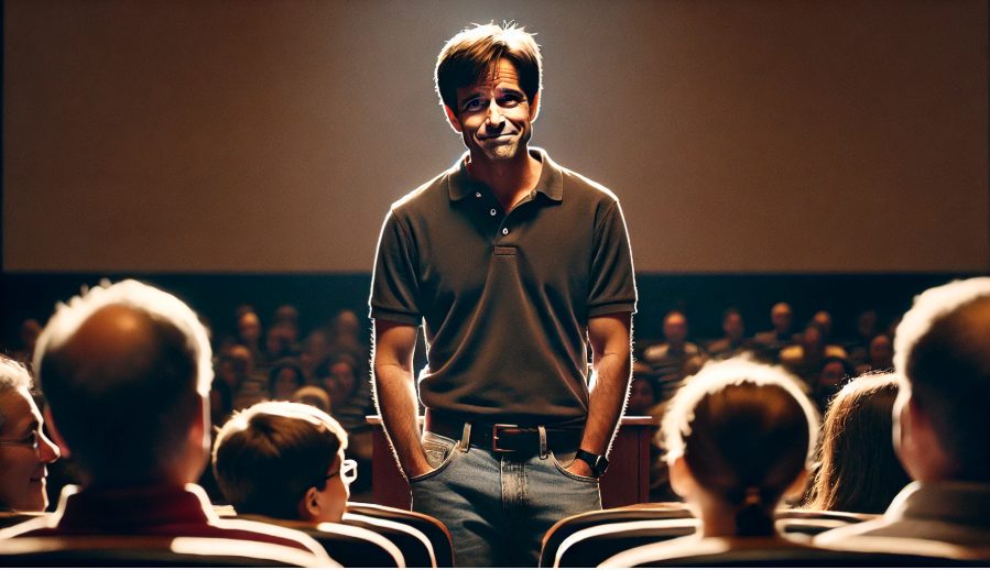 Randy Pausch, entregando uma mensagem emocionante e inspiradora para sua audiência, com seus filhos assistindo atentamente na plateia.