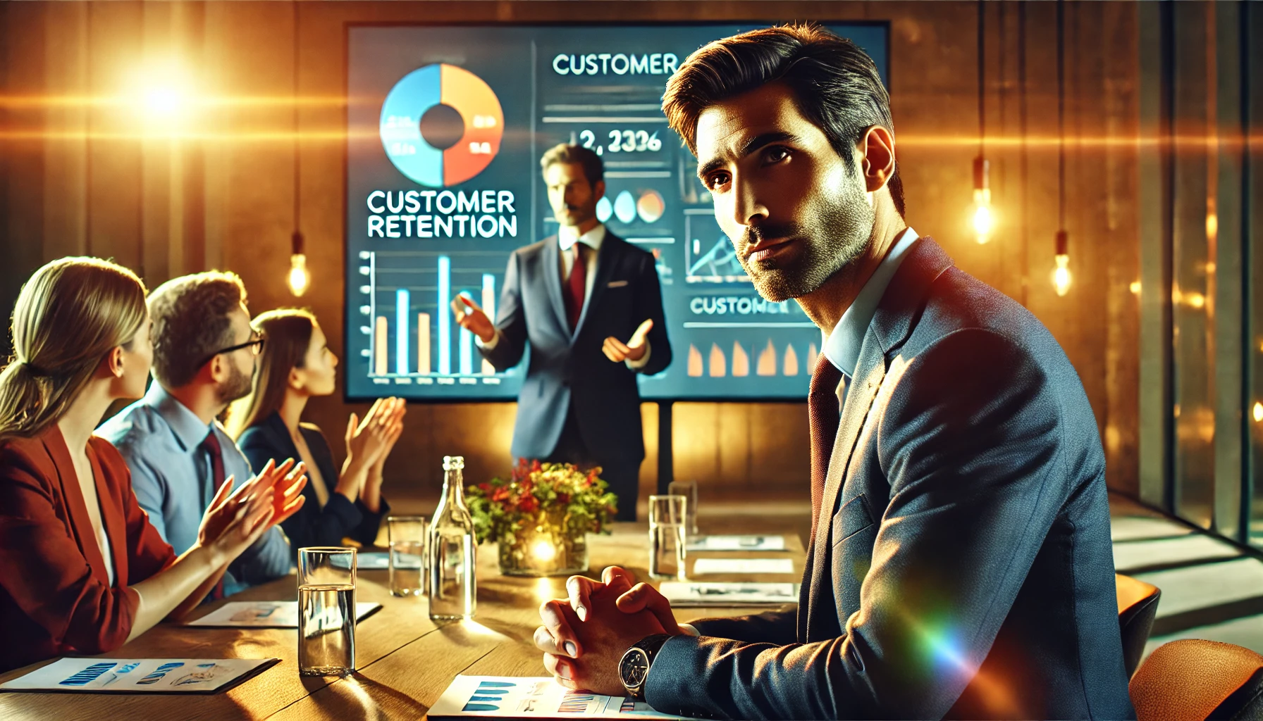 Close-up de um expert em comportamento do consumidor e atendimento ao cliente em uma conferência, explicando estratégias de retenção de clientes para um grupo de executivos atentos.