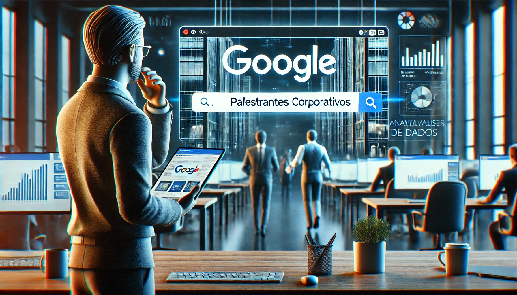 Uma pessoa pesquisando no Google sobre palestrantes corporativos em um ambiente moderno e profissional. A tela do computador exibe os resultados da busca, destacando a análise digital.