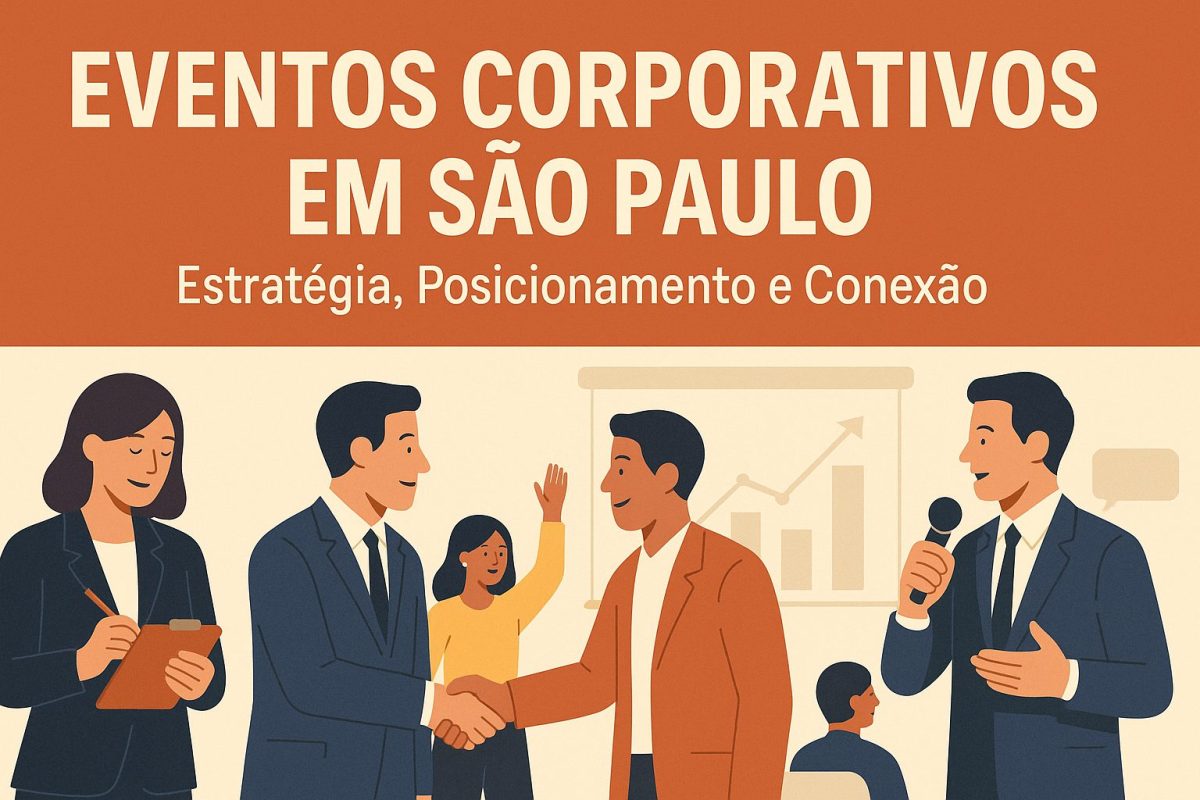 Profissionais interagindo em um evento corporativo moderno, com fundo de apresentação e gráficos, representando networking e estratégias empresariais em São Paulo.