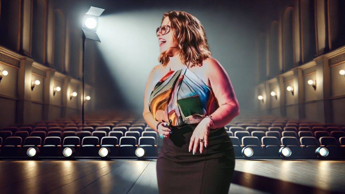 Mulher plus size sorrindo em um palco de teatro vazio com iluminação dramática, representando autoconhecimento, propósito e autenticidade.