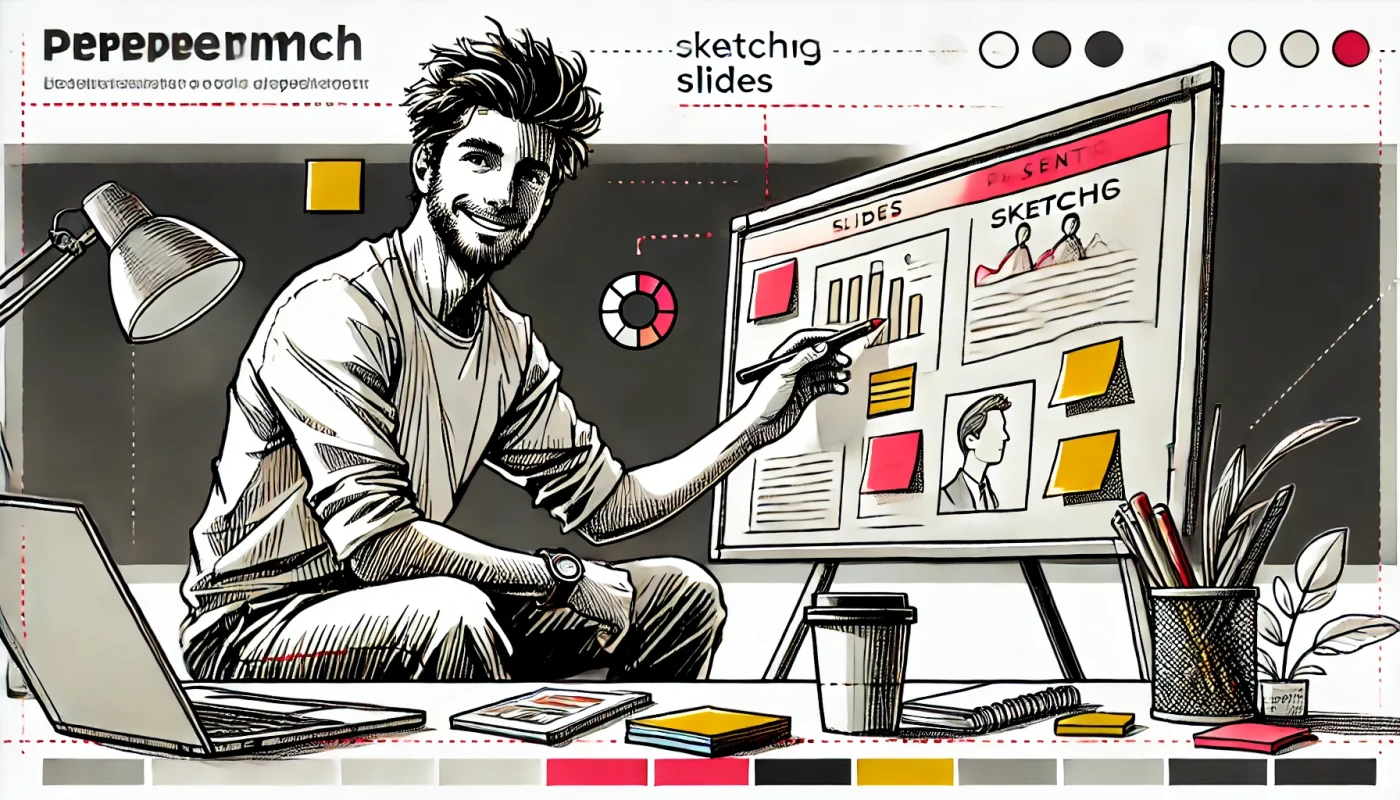 Pessoa em ambiente corporativo casual, com expressão divertida e focada, esboçando slides em meio a post-its, notebook e café.