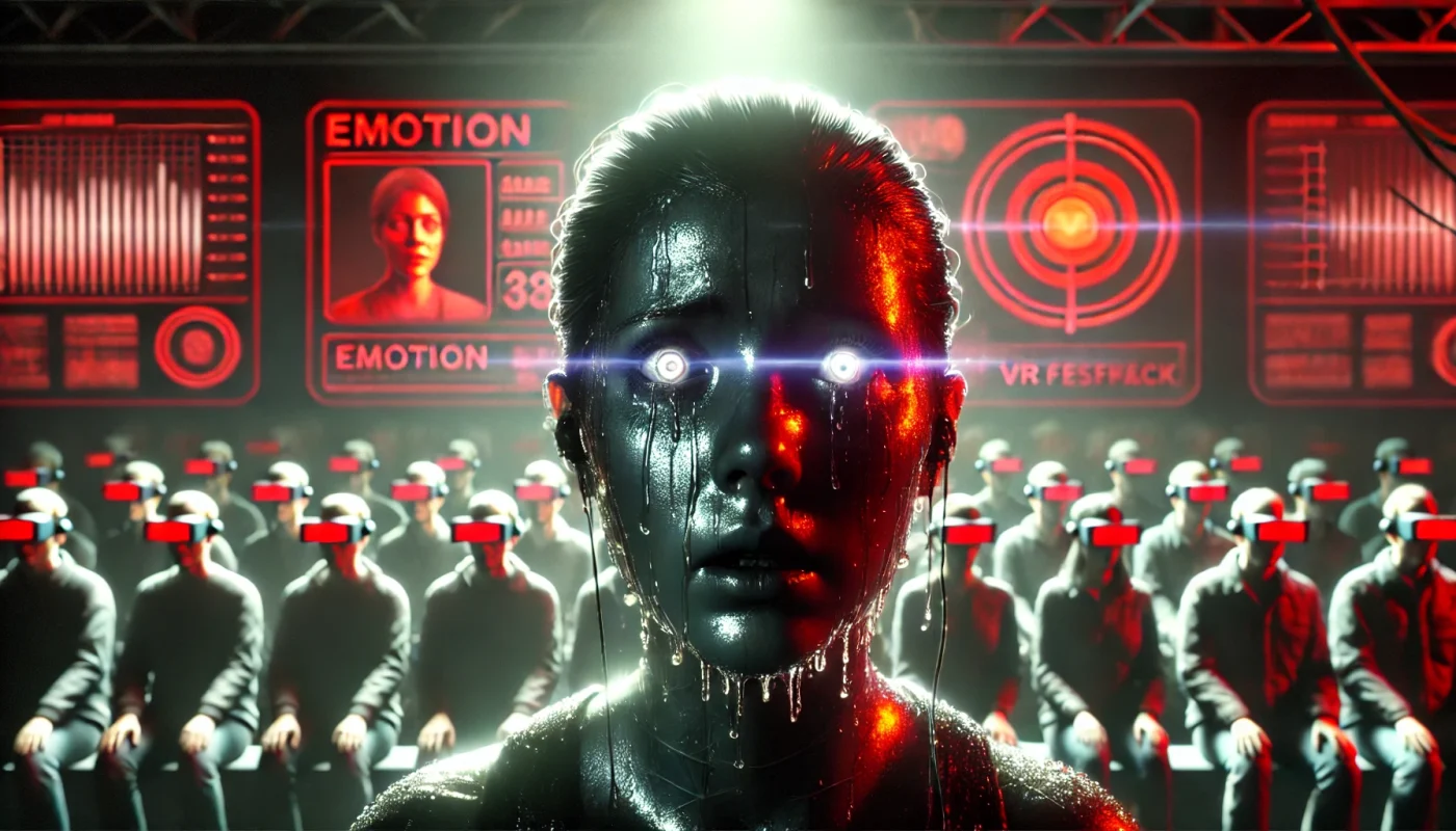 Close-up hiper-realista de um palestrante em um palco futurista, suando de nervoso sob um holofote intenso. Ao fundo, telas holográficas em vermelho exibem métricas de emoção controladas por IA. A plateia, com rostos ocultos por headsets de realidade aumentada, observa de forma inquietante. A cena evoca tensão, medo e crítica à cultura da performance.