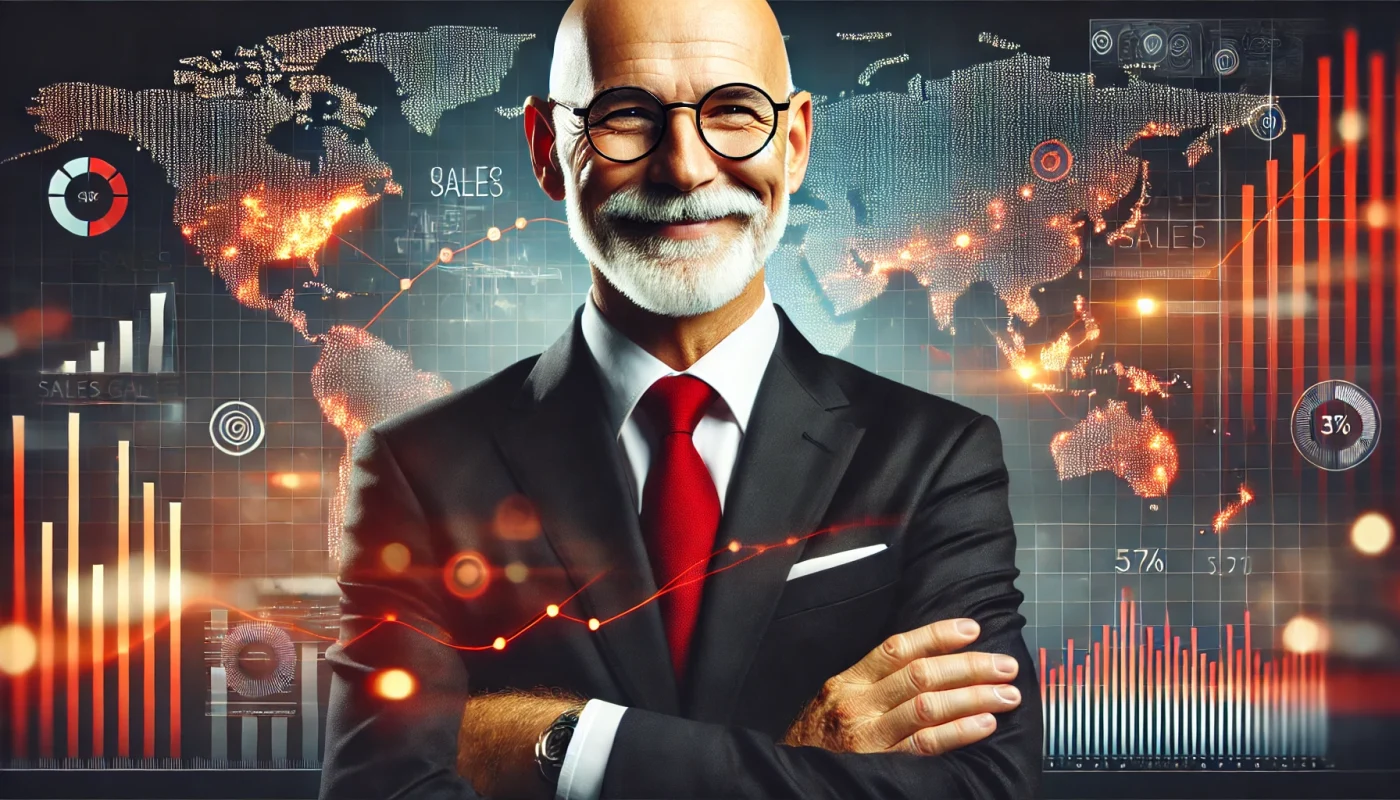 Homem maduro, calvo e sorridente, com óculos redondos, cavanhaque branco e bigode, usando terno preto e gravata vermelha, posando com os braços cruzados diante de um fundo corporativo com gráficos de vendas, mapas e dados digitais brilhantes.