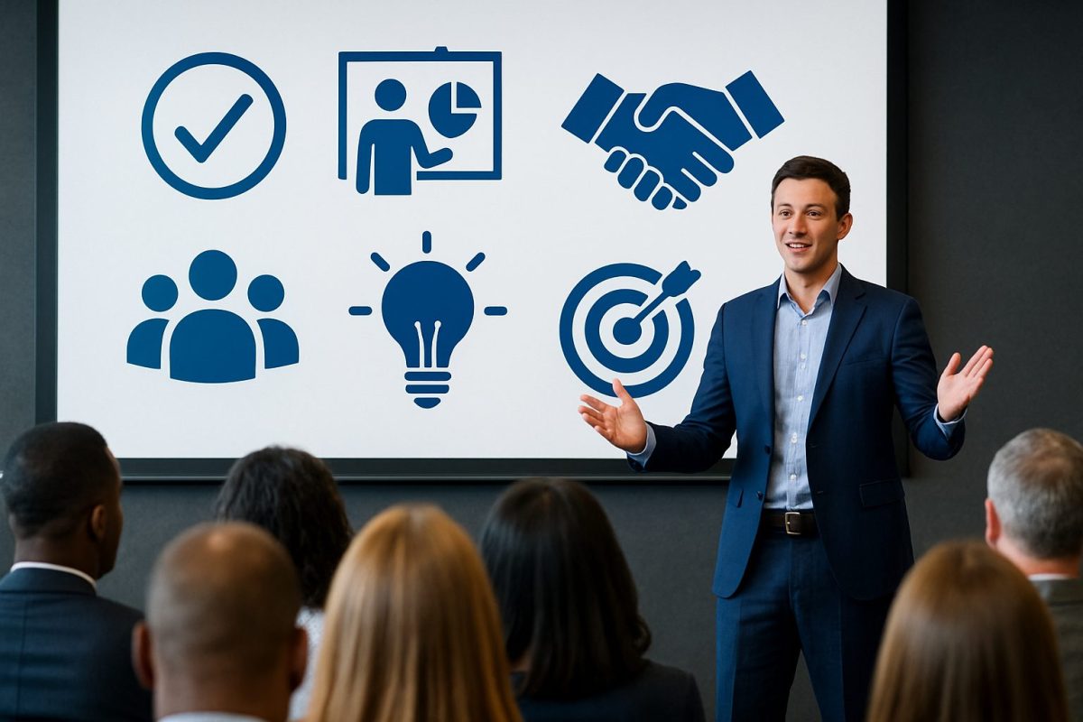 Palestrante profissional apresenta-se em conferência diante de uma tela com ícones representando engajamento, metas, criatividade e trabalho em equipe, enquanto o público o observa atentamente.