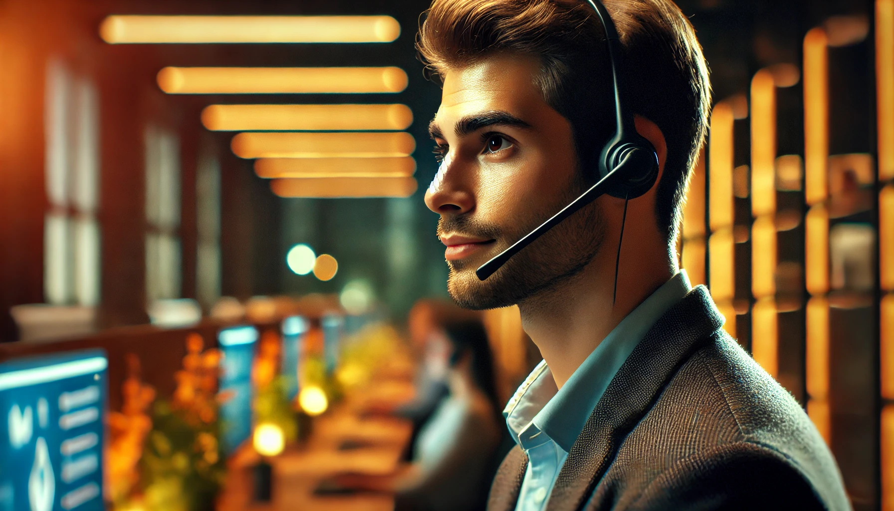 Profissional de atendimento ao cliente demonstrando inteligência emocional durante uma conversa, em um ambiente corporativo com iluminação acolhedora.