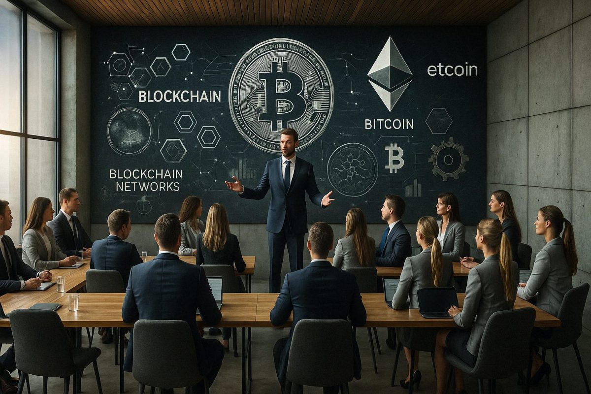Palestrante em traje formal conduz uma apresentação sobre blockchain e criptomoedas para uma plateia de executivos em uma sala de conferência moderna.