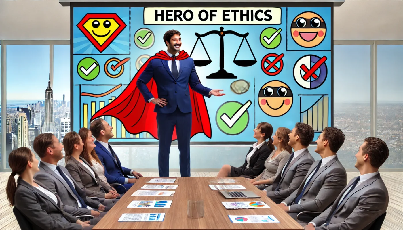 Palestrante de compliance usando capa de super-herói em uma apresentação corporativa divertida, com público sorridente e ícones animados de ética.
