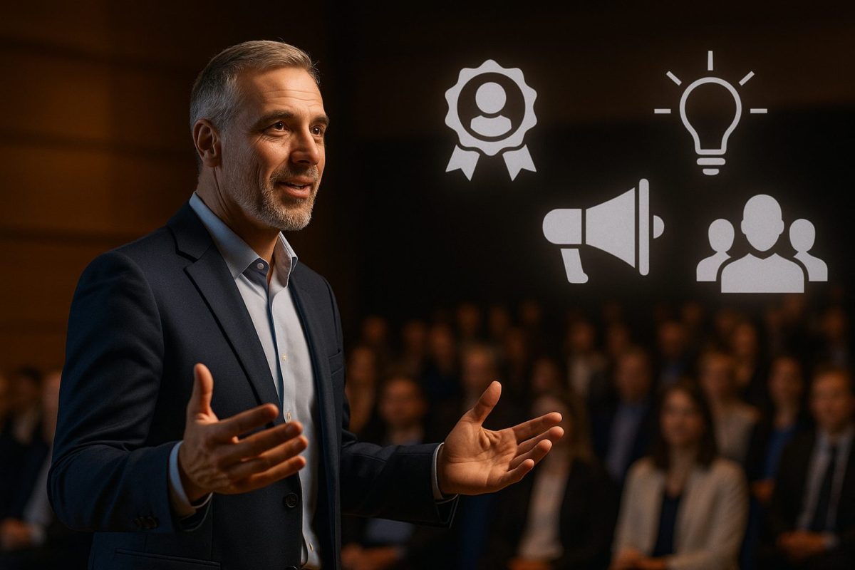 Palestrante maduro em auditório moderno, gesticulando com segurança enquanto ícones de liderança, comunicação e criatividade pairam digitalmente ao fundo.