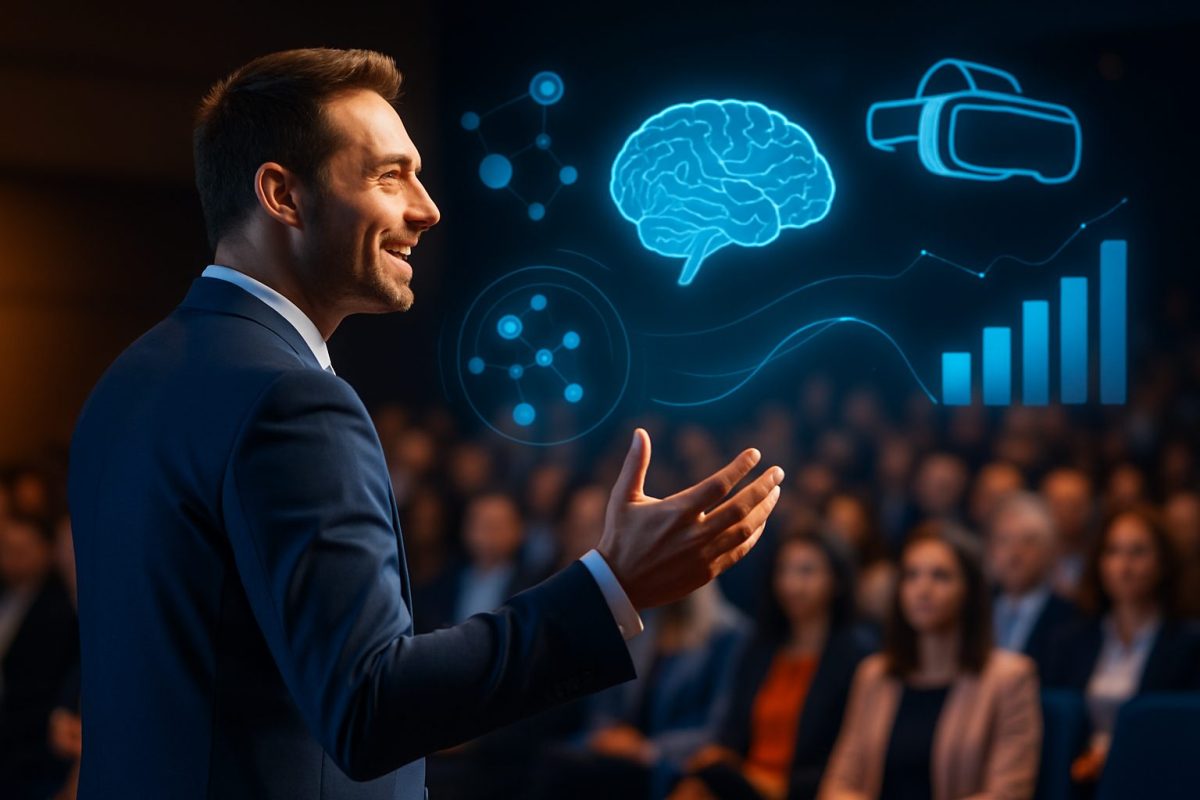 Palestrante sorridente conduz conferência inovadora, com ícones de realidade virtual, inteligência artificial e dados flutuando em hologramas no palco.