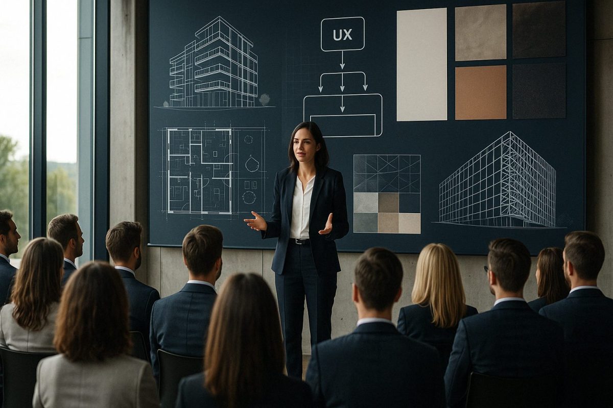 Palestrante apresenta conceitos de arquitetura e design estratégico em um auditório moderno, com projetos técnicos e moodboards exibidos em um telão atrás dela.
