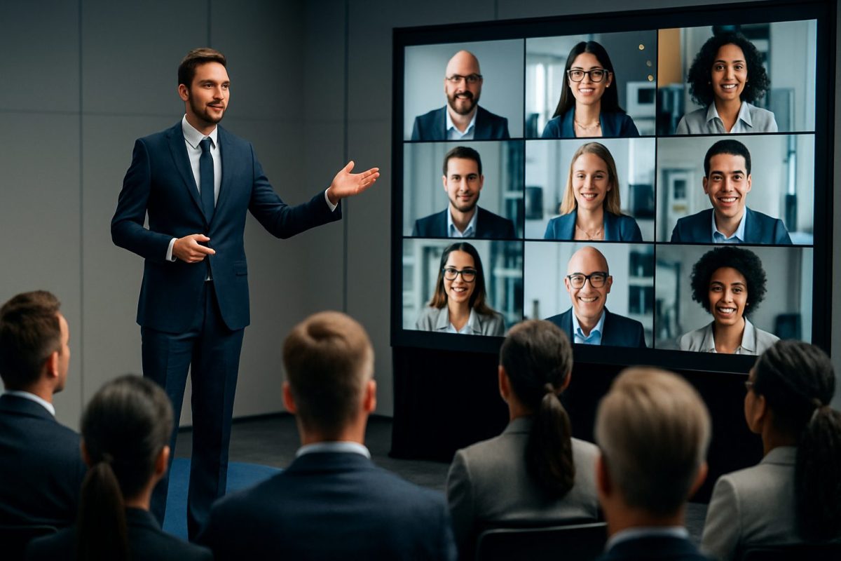 Mestre de cerimônias conduzindo evento corporativo híbrido, falando para plateia presencial enquanto interage com participantes on-line exibidos em um telão.