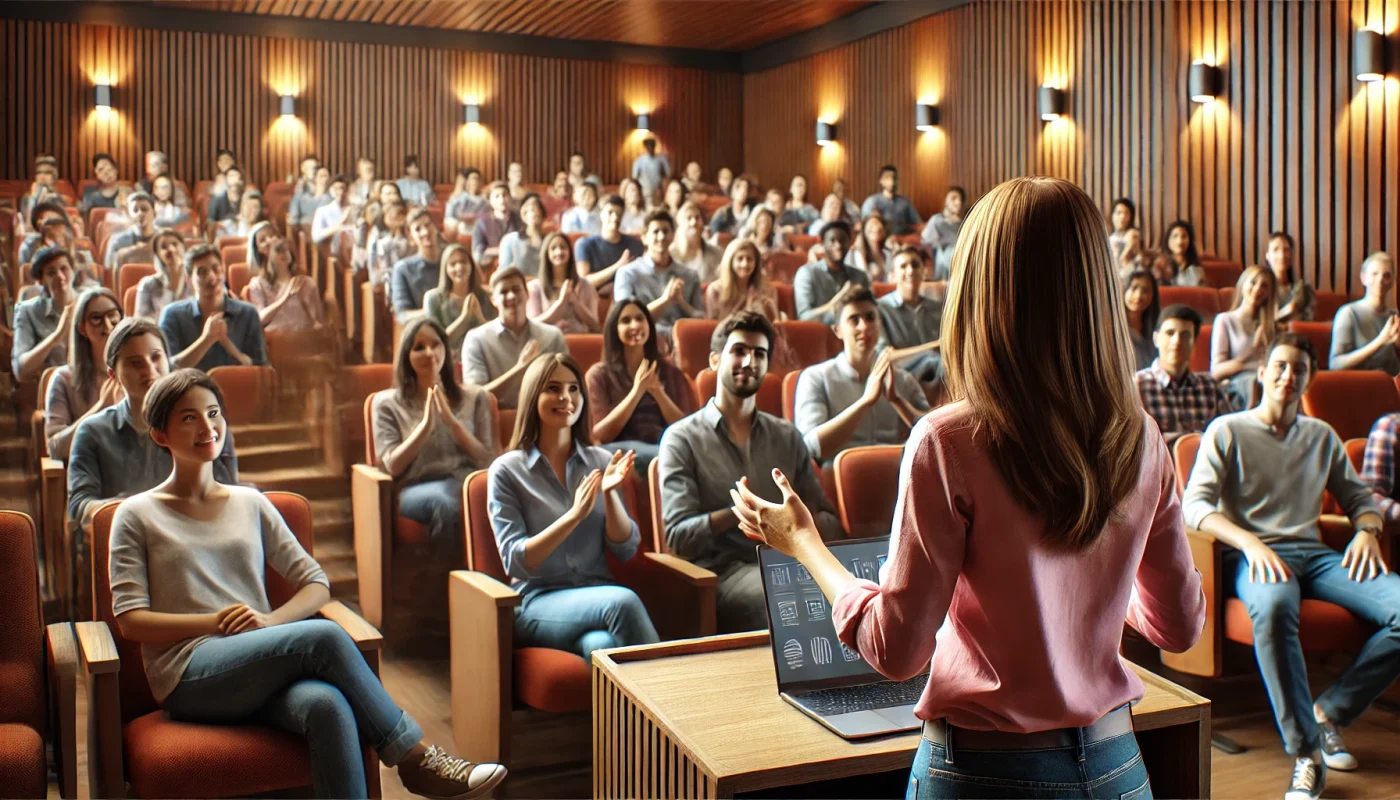 Palestrante conduz palestra em ambiente acolhedor, com público engajado e atmosfera inspiradora — o cenário ideal para treinamentos corporativos e eventos de alto impacto.