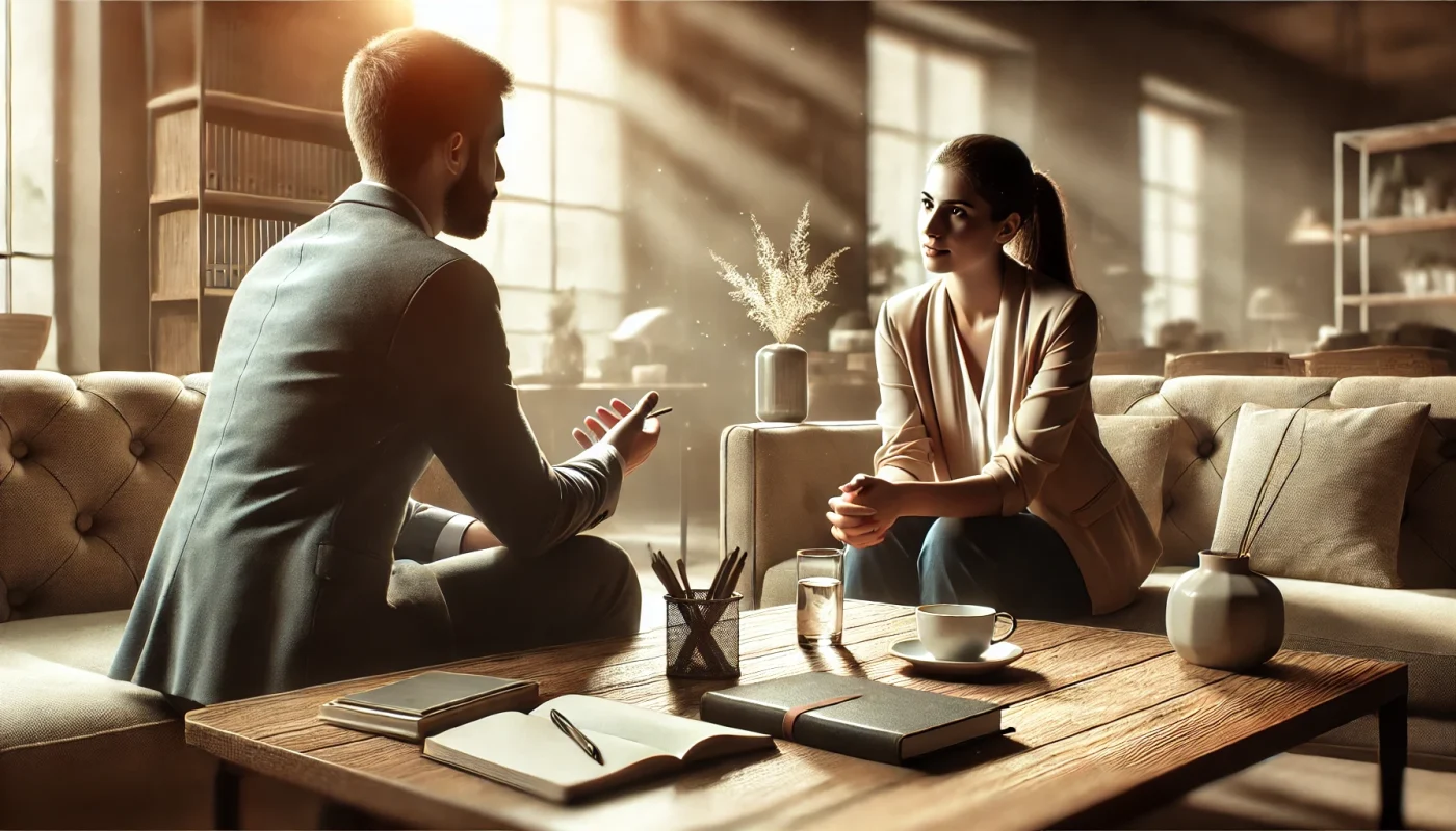 Profissional de vendas conversando com um cliente em potencial em um ambiente acolhedor, demonstrando escuta ativa e empatia durante uma reunião informal.