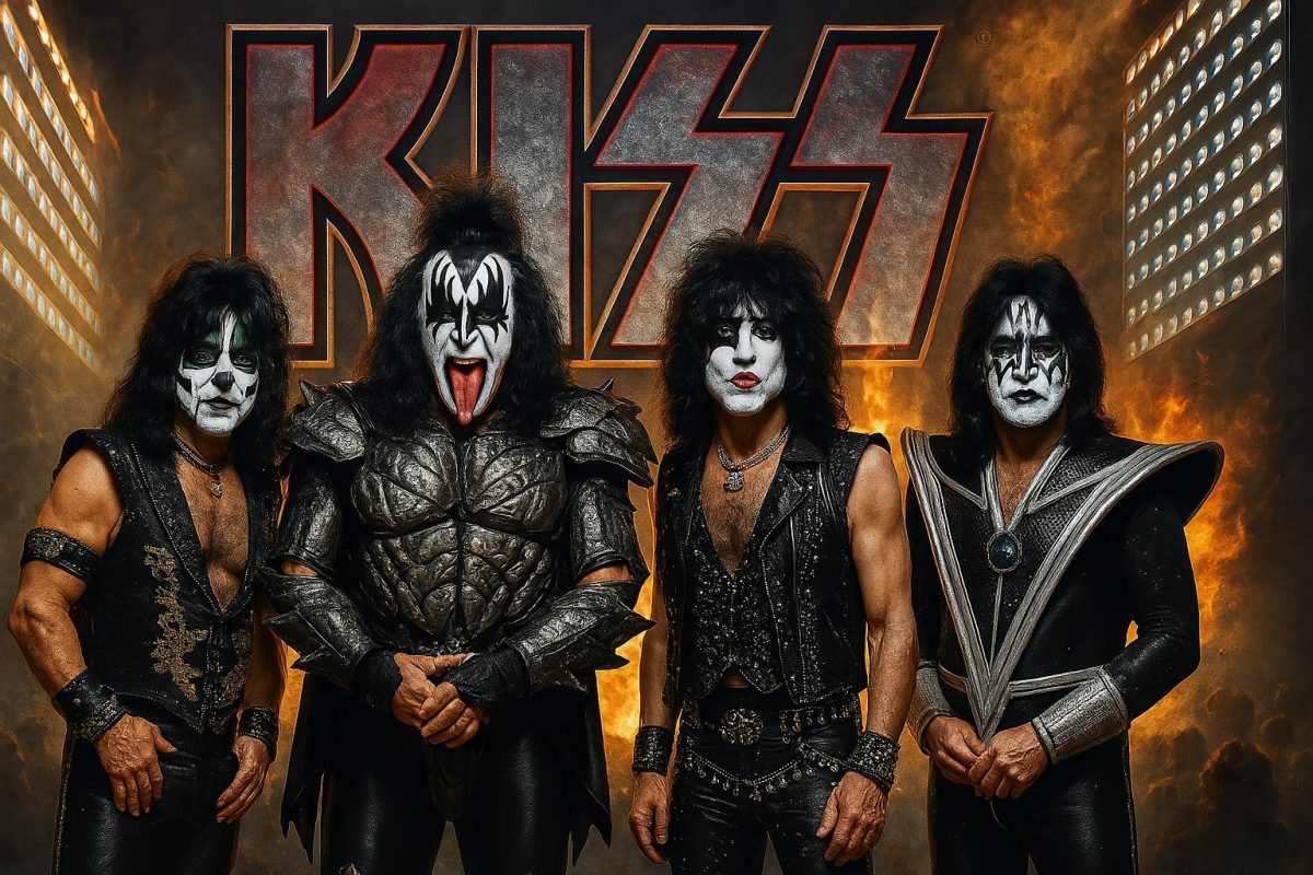 Fotografia hiper-realista em alta resolução da banda KISS em frente ao logotipo da banda em chamas. Os quatro integrantes estão com suas maquiagens icônicas e figurinos de palco, rodeados por holofotes e um fundo dramático de fogo e fumaça.
