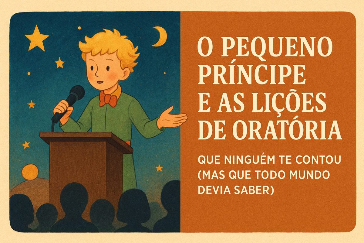 Ilustração digital do Pequeno Príncipe discursando em um púlpito, segurando um microfone, com céu estrelado ao fundo e o título do blog ao lado.