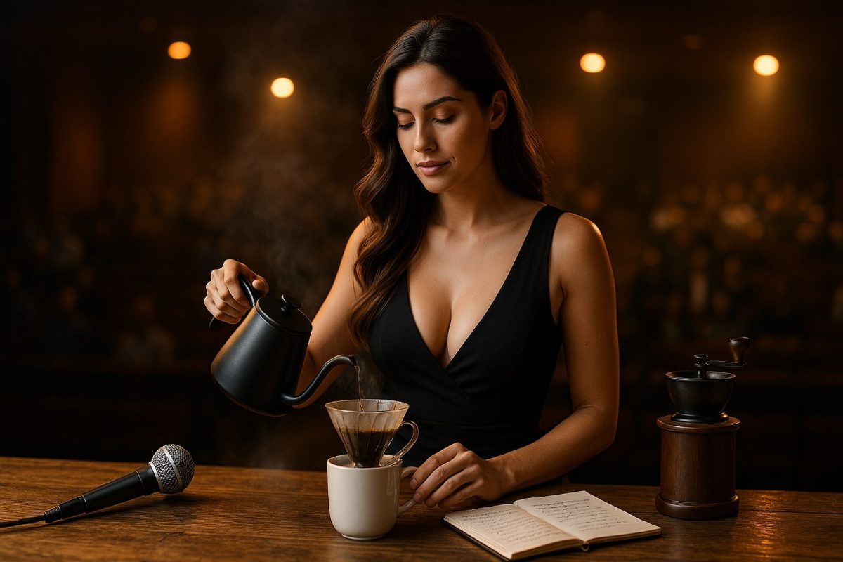 Mulher preparando café com método coado em mesa rústica, com palco desfocado ao fundo e luzes quentes iluminando a cena.