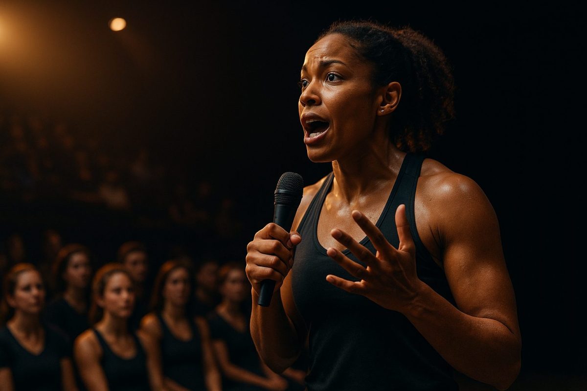 Atleta mulher negra, com expressão determinada, discursando com intensidade em um palco de palestra, diante de uma plateia atenta em ambiente escuro e teatral.