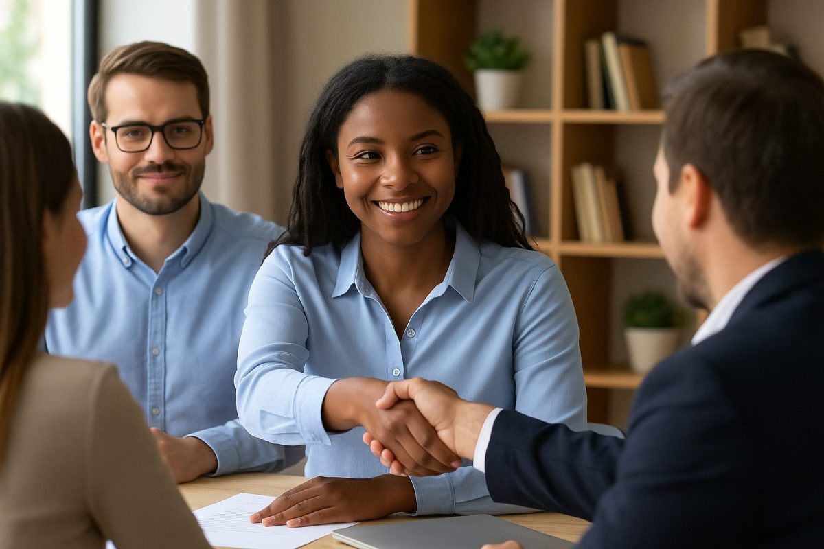 Profissionais sorridentes em uma reunião, com uma mulher negra cumprimentando um colega de trabalho com um aperto de mão em um escritório moderno e iluminado.