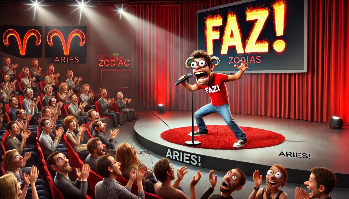 Palestrante motivacional extremamente animado em um palco, segurando um microfone, com um slide gigante escrito “FAZ!”. A plateia parece confusa, mas está aplaudindo. O ambiente tem símbolos do signo de Áries nas luzes de fundo.