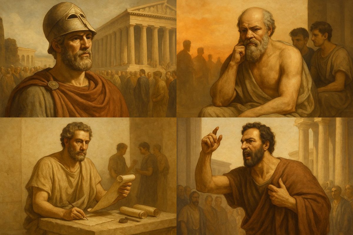 Pintura digital em estilo clássico com quatro pensadores gregos — Péricles, Sócrates, Isócrates e Demóstenes — representados em quadrantes harmônicos, com cenários e trajes típicos da Grécia Antiga em tons terrosos e detalhes em dourado.