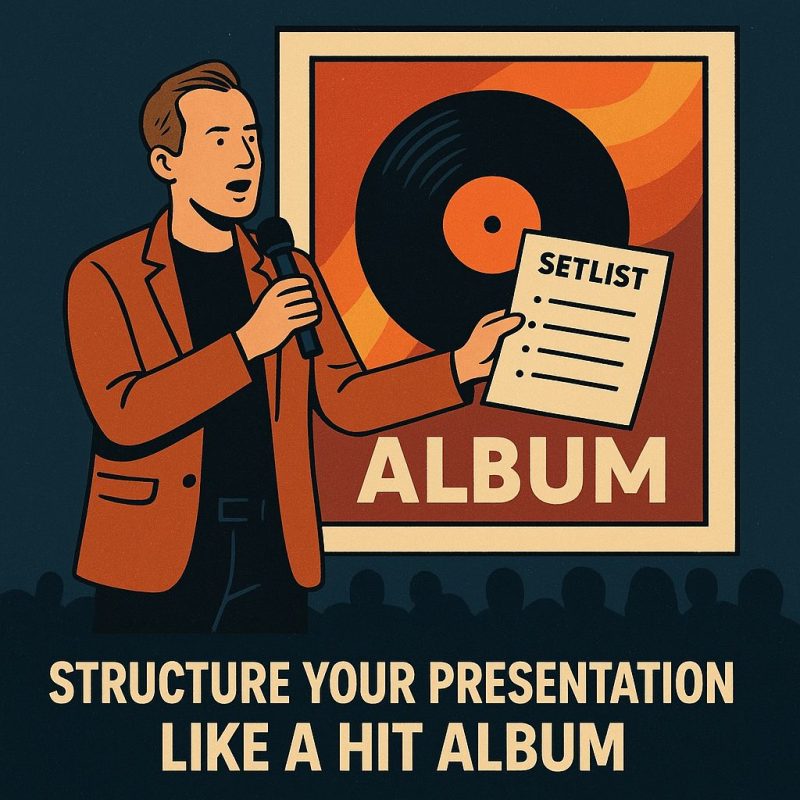 Ilustração digital hiper-realista de um palestrante no palco, com ares de vocalista de banda de rock. Ele segura um microfone e uma folha com a palavra "SETLIST". Ao fundo, luzes de show e capas de álbuns flutuando, simbolizando estrutura e impacto de uma palestra pensada como um álbum musical.