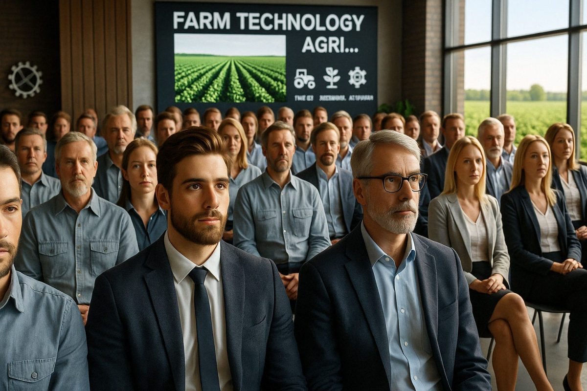 Profissionais do setor agrícola assistem com atenção a uma palestra sobre tecnologia no campo, com painéis informativos ao fundo e janelas amplas com vista para plantações verdes.