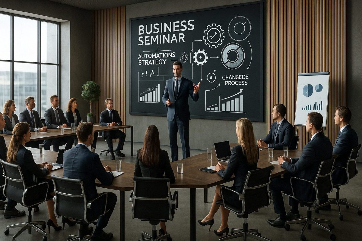 Palestrante apresenta estratégias de automação e processos empresariais para executivos em uma sala de reunião moderna e bem iluminada.