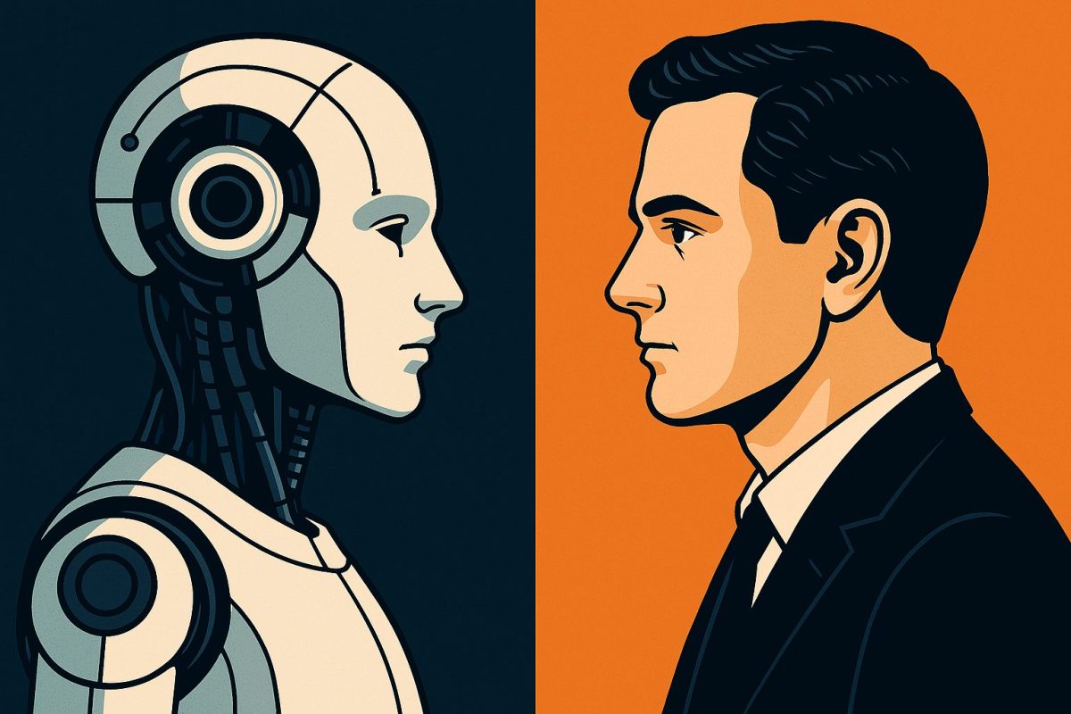 Ilustração digital de um robô e um ser humano lado a lado, com fundo dividido entre azul escuro e laranja vibrante, simbolizando o contraste entre tecnologia e humanidade.
