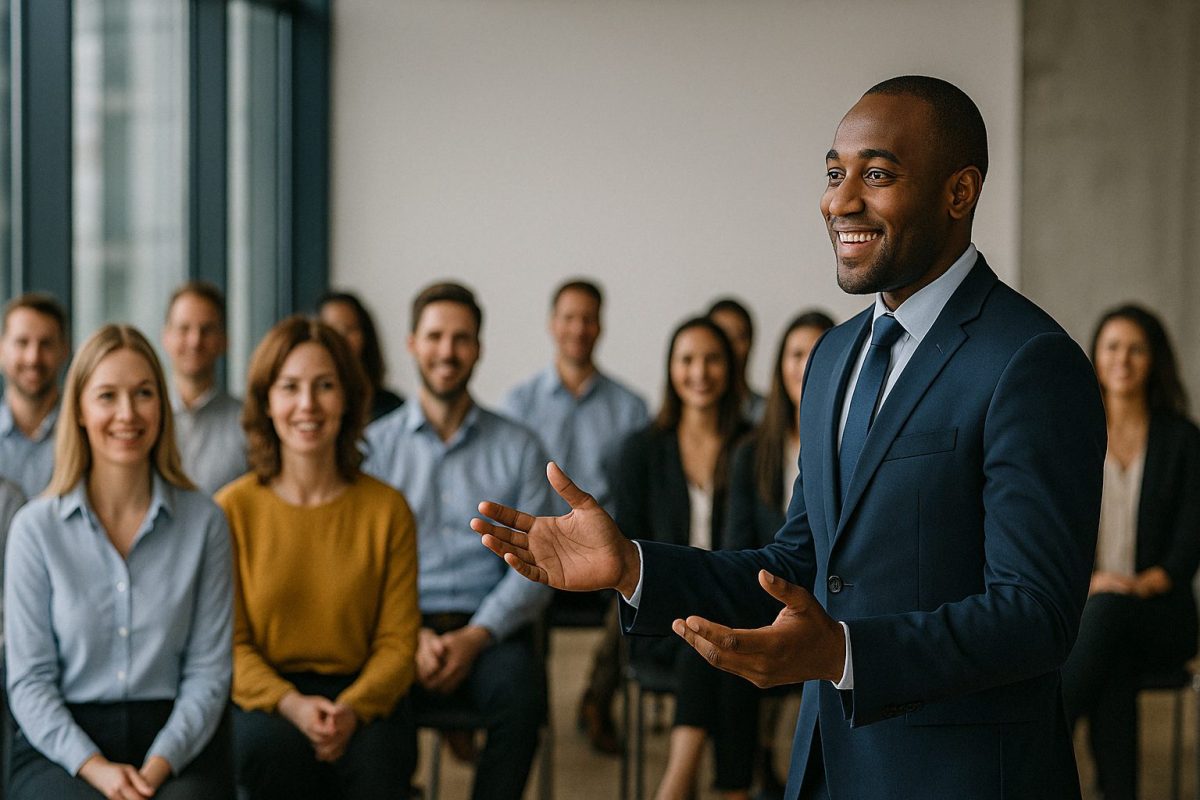 Palestrante negro sorridente, vestindo terno azul-marinho, conduz uma palestra para uma equipe diversa e engajada em uma sala moderna e iluminada.