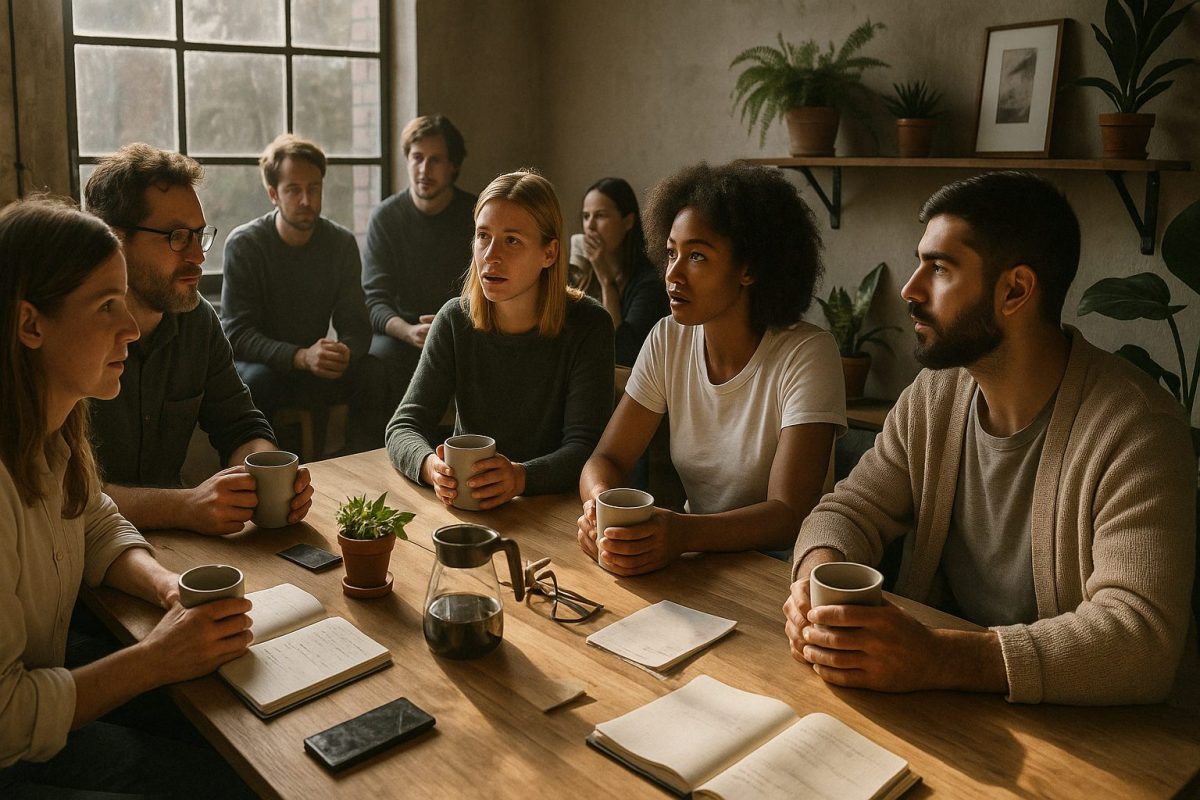 Equipe de trabalho diversa reunida ao redor de uma mesa de madeira em ambiente iluminado por luz natural, trocando ideias com expressão atenta e serena, enquanto tomam café
