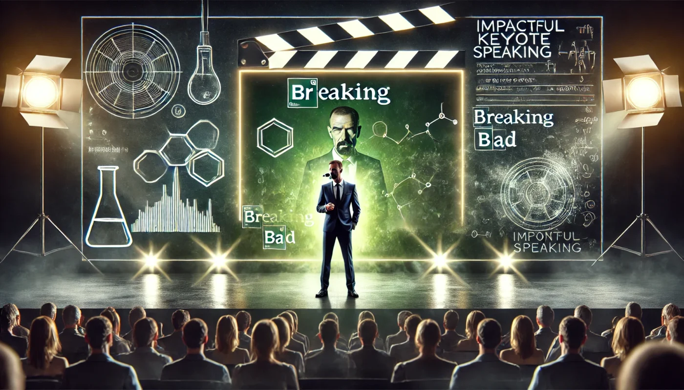 Banner retangular com palestrante profissional sob holofotes, cercado por elementos de cinema como claquete, luzes verde-amarelas e fórmulas químicas, em clima inspirado em Breaking Bad.