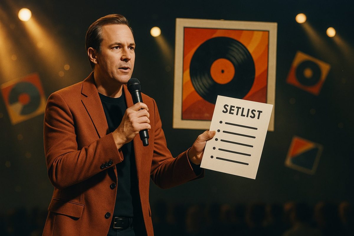 Fotografia hiper-realista em estilo Kodak retrata um palestrante no palco com atmosfera de show de rock. Ele segura um microfone e uma folha de setlist, com iluminação dramática dourada, vinil ao fundo e público em silhueta.