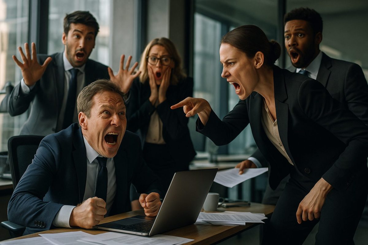 Cena exagerada e dramática de um conflito entre executivos em escritório moderno, com expressões intensas e reações de choque ao fundo.